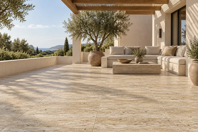 Mise en scène : terrasse avec le carrelage TRAVERTINO Beige